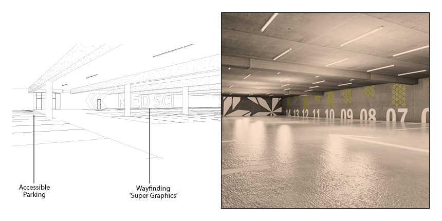 Wayfinding ‘Super Graphics’ and open views of the Arrivals Court will help orient users to their destination on Campus