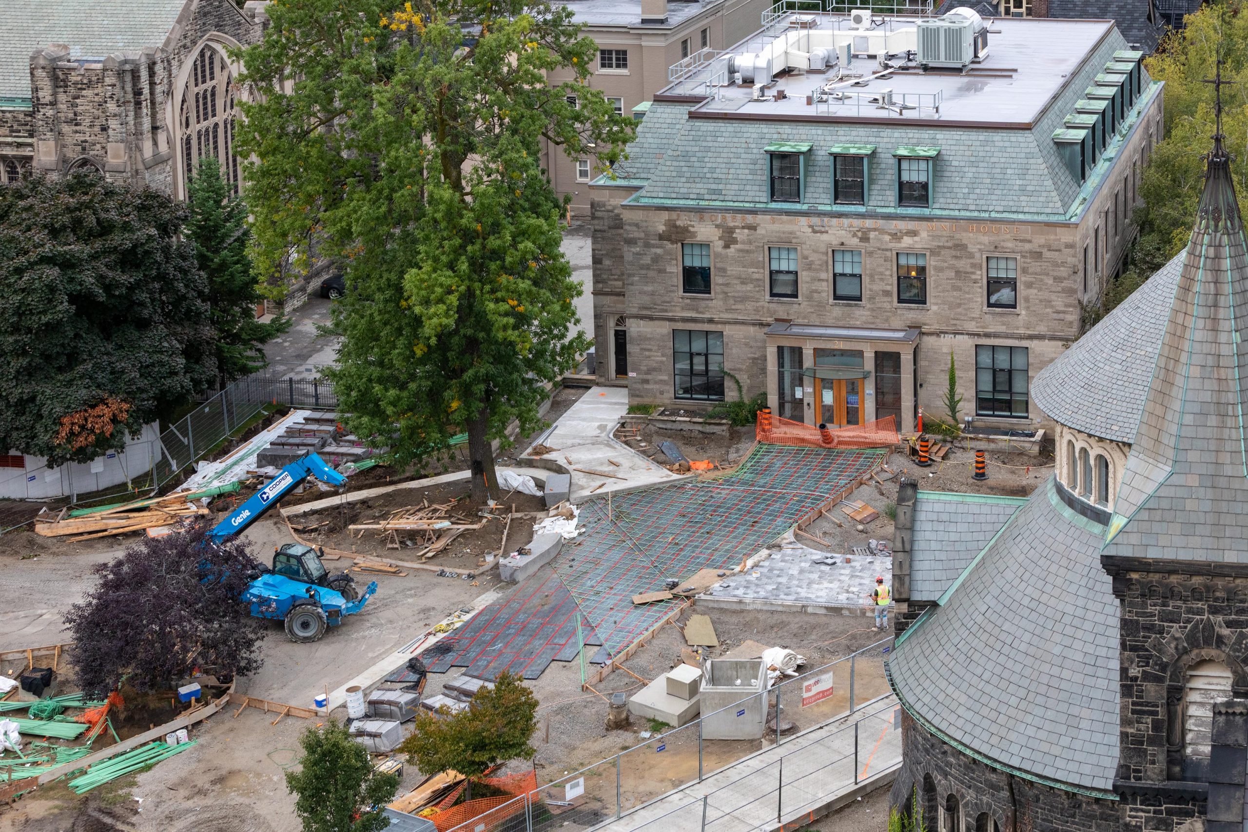 Aerial view of the J. Robert S. Prichard Alumni House, construction progress on the plaza (fall, 2022).