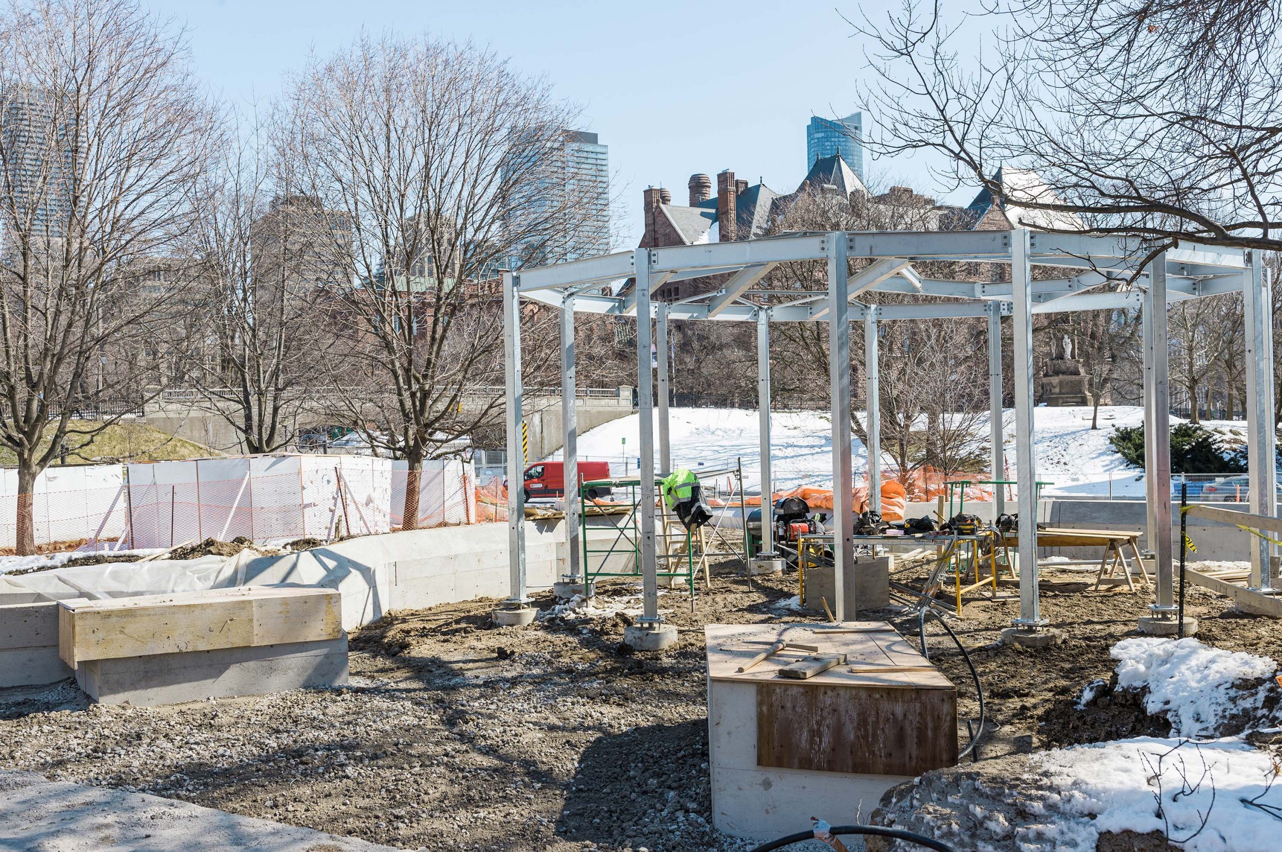Construction progress on the Indigenous Garden south of Hart House, facing southwest (fall, 2022).