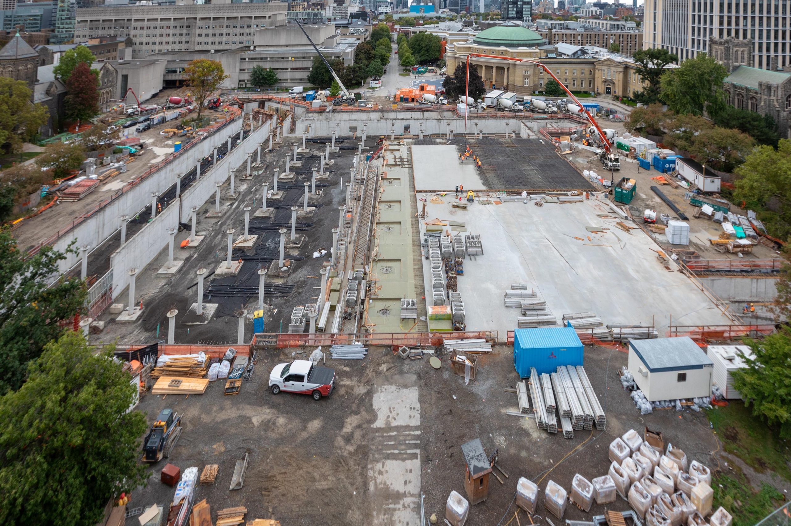 Aerial view of King's College Circle, construction progress on the underground parking garage, facing south (fall, 2022).