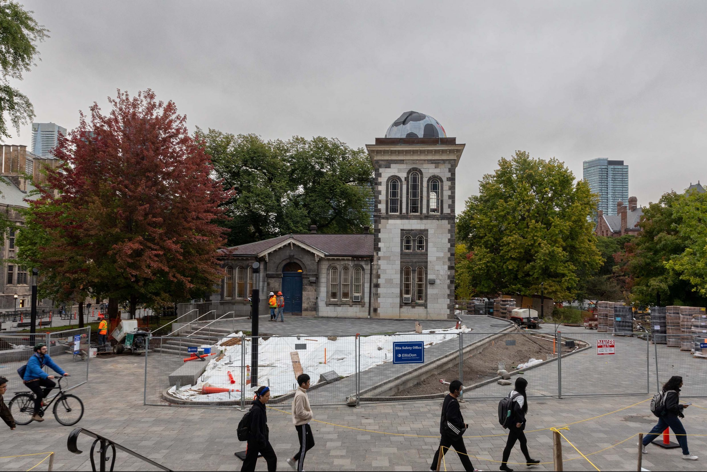 Construction progress on the grounds south of Hart House, facing east (fall, 2022).