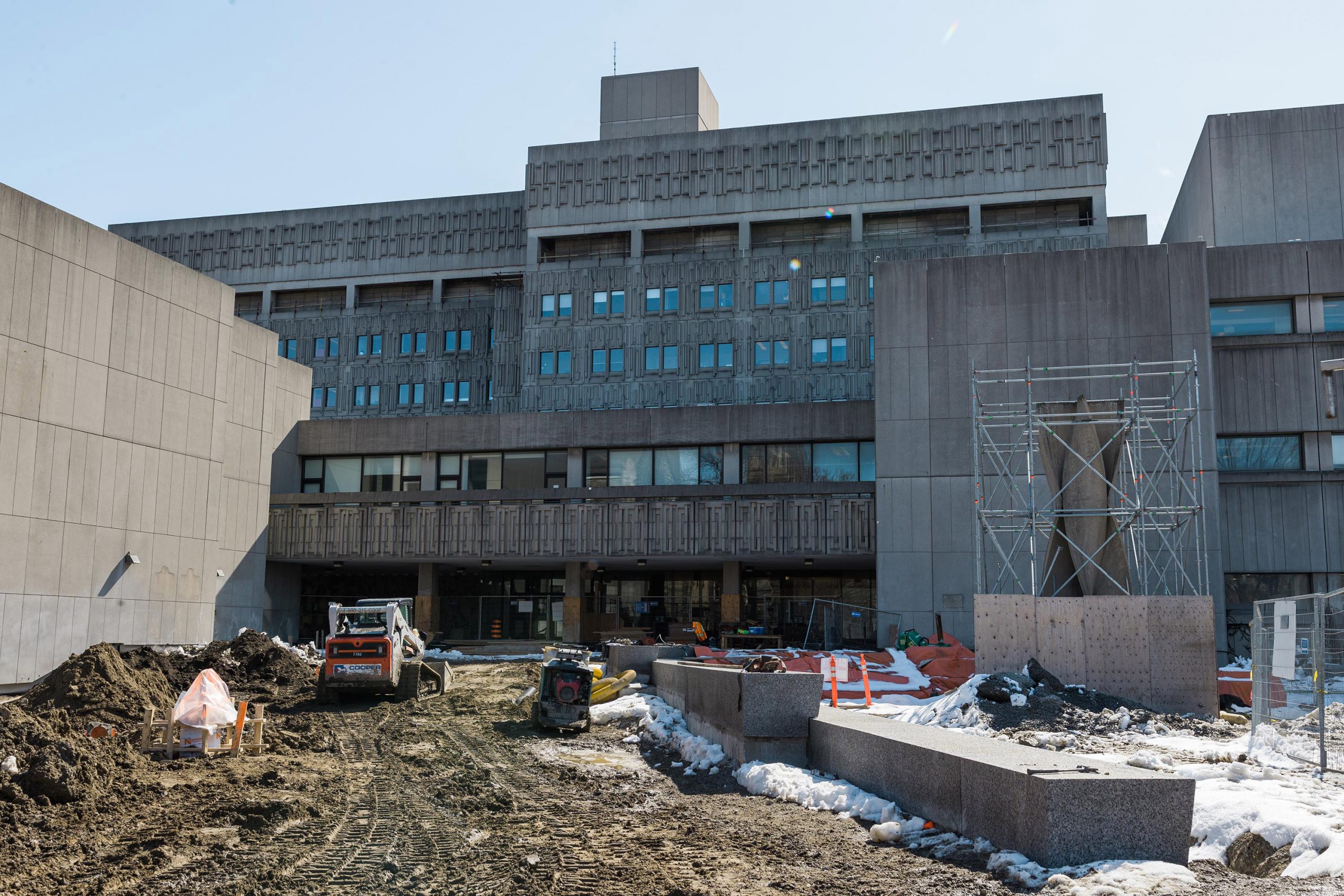 Construction progress at Temerty Plaza, facing south (winter, 2023).
